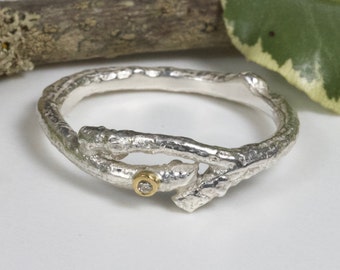 Diamond Twig Wedding Ring, Forked Silver Elvish Twig Ring, Alternative Wedding Ring