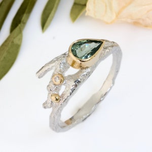 Green Sapphire and Diamond Elvish Twig Ring-Pear Shape Ring-Tear Drop Engagement Ring