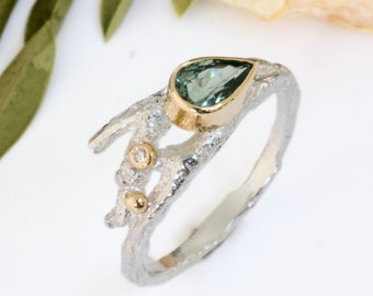 Green Sapphire and Diamond Elvish Twig Ring-Pear Shape Ring-Tear Drop Engagement Ring