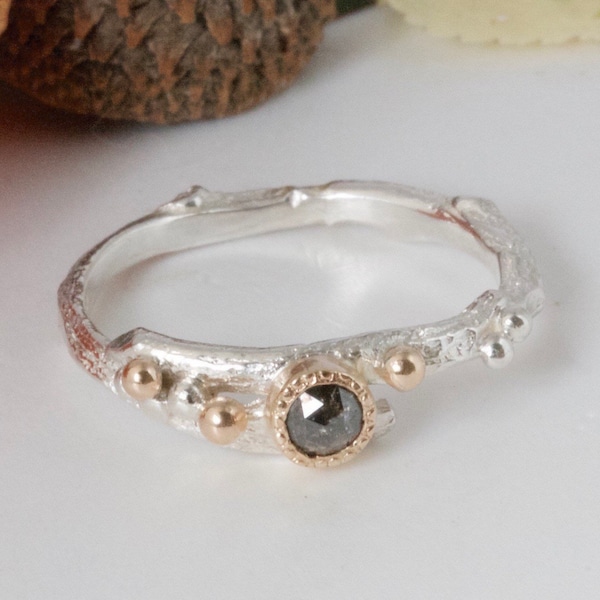 Rose Cut Diamond Engagement Ring, Organic Salt and Pepper Diamond Twig Ring