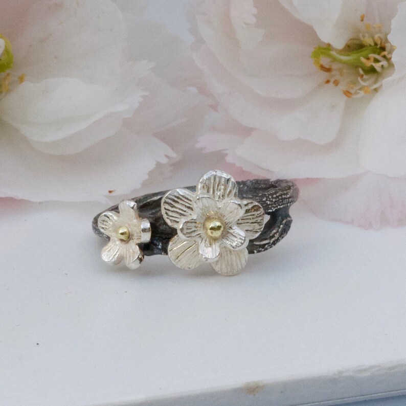 Cherry Blossom Ring. Mixed Metal Silver and Gold. Nature Jewellery image 2