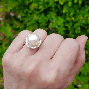 White Pearl Statement Ring, handmade pearl engagement ring, June Birthstone Ring, Large Pearl Dress Ring image 7