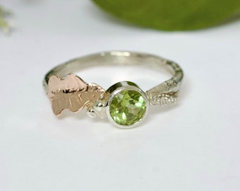 Gold Oak Leaf Ring with Peridot, Solid 9ct Gold Oak Leaf Ring