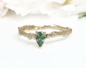 Pear Green Sapphire Engagement Ring, Nature Twig Engagement Ring