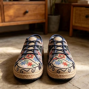 May include: A pair of low-top sneakers featuring a beige woven fabric upper with intricate floral embroidery in red, blue, and green. The shoes have dark blue laces, a rounded toe, and a textured jute-wrapped midsole edge with a rubber outsole.