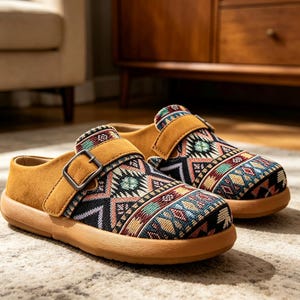 May include: A pair of slip-on shoes with a tan suede-like strap and a buckle closure. The shoes feature a colorful geometric pattern in shades of blue, red, green, and tan. The soles are a light brown color, and the shoes are sitting on a patterned rug.