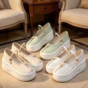 May include: Four platform shoes with thick white soles and Mary Jane straps. Two shoes are light green and two are off-white, all featuring a subtle floral pattern, a gold-toned heart-shaped charm, and a small white pearl accent on the strap.