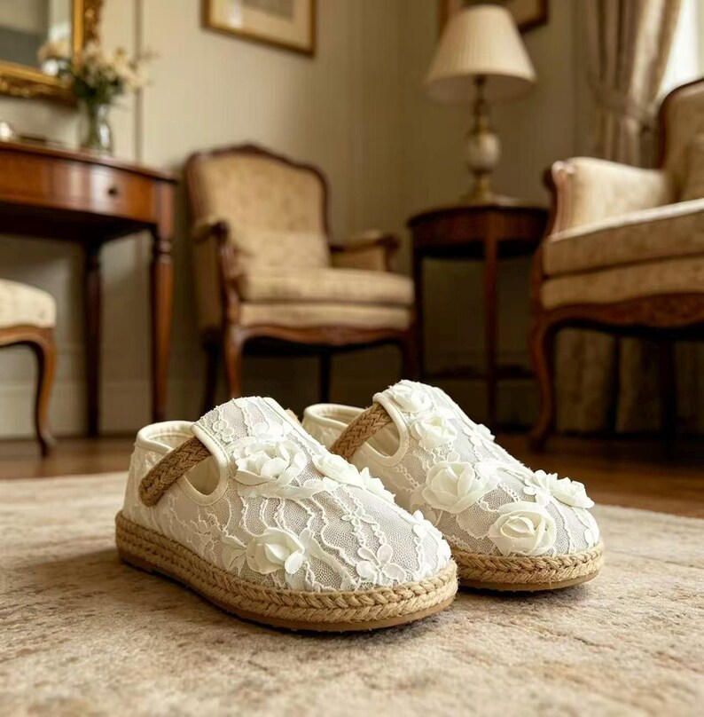 K&ouml;nnte beinhalten: Ein Paar wei&szlig;e Espadrilles-Schuhe aus Spitze mit floralen Verzierungen. Die Schuhe haben eine geflochtene Jutesohle und einen Riemen &uuml;ber dem Oberteil. Der Hintergrund zeigt einen Raum mit antiken M&ouml;beln.