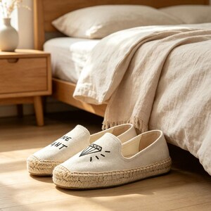 Nepal Handmade Linen Espadrille Flats, Embroidered Letter Slip On Shoes, Breathable Canvas Fisherman Shoes, Casual Spring Summer Flat Shoes
