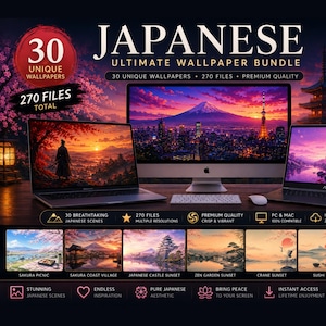 Könnte beinhalten: Ein digitales Wallpaper-Bundle mit japanischen Themen. Das Bild zeigt einen Desktop-Computer und zwei Laptops, die malerische Hintergrundbilder anzeigen. Der Text lautet "Japanese Ultimate Wallpaper Bundle" mit 30 einzigartigen Wallpapers und 270 Dateien.