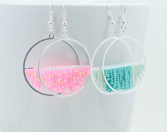 Beaded Half-Circle Fringe Earrings - Pink & Teal