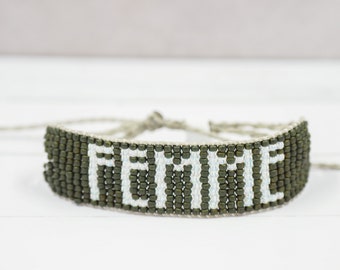 FEMME green and white woven beaded bracelet