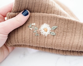 Hand Embroidered Beanie - Light Brown with cream flowers