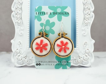 Red Coral Daisy Embroidered Earrings