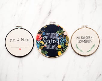 Embroidered Home and Wedding Decor – “Mr & Mrs,” “Home Sweet Home,” and “Greatest Adventure” Wall Hoops