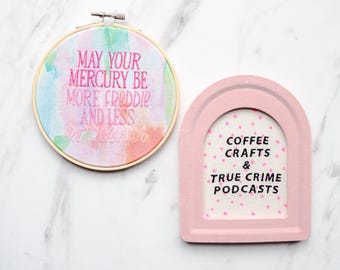 Funny Embroidery Wall Art – “More Freddie Less Retrograde” and “Coffee, Crafts & True Crime” Handmade Decor