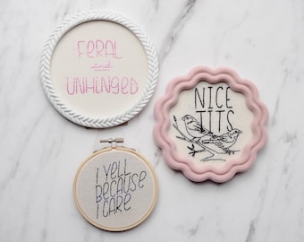 Funny Embroidered Wall Art – “Feral and Unhinged” & “Nice Tits” Framed Pieces, Handmade Modern Embroidery for Bold Home Decor