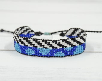 Dots and Stripes woven beaded bracelet - Blue and Black