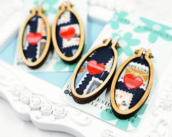 Tiny Hearts on Travel Stamps Embroidery Hoop Earrings