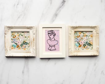 Mini Floral & Classical Embroidery Wall Art – Bust Sketch on Pink, Framed Wildflower Stitching, Vintage-Inspired Handmade Decor