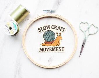 Slow Craft Movement Sticker – Yarn Snail Vinyl Sticker for Makers, Handmade Hobby Decal, Funny Crafting Sticker