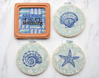 Coastal Embroidery Wall Art – Seashell, Starfish & "Saltwater Sunshine" Decor, Handmade Beachy Hoops; Framed Piece