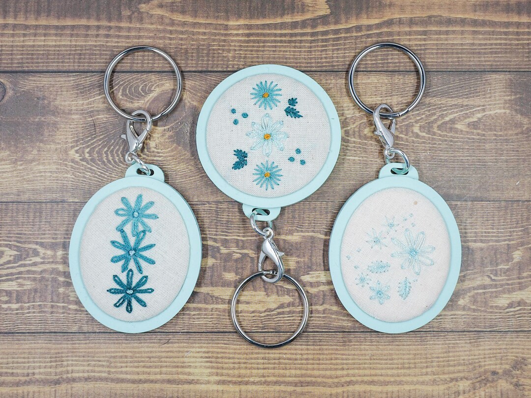 Teal and Mint Floral Embroidery Keychains / Embroidery Hoop Etsy