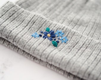 Hand Embroidered Beanie - Gray with blue flowers