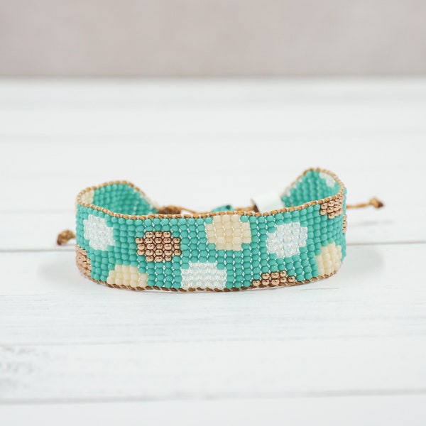 Dots woven beaded bracelet - teal and gold