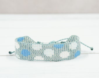 Dots beaded woven bracelet - blue, grey and white