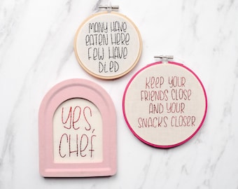 Funny Kitchen Embroidery – “Yes Chef,” “Snacks Closer,” & “Many Have Eaten” Hoops, Handmade Wall Art for Foodies, Home Cooks