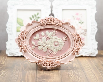 Pink and White Floral Embroidery in an Ornate Frame
