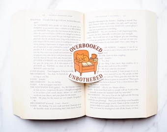 Overbooked & Unbothered Sticker – Cat Reading Sticker for Book Lovers, Cozy Bookish Vinyl Decal, Introvert Humor Gift