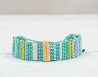 Teal stripe woven beaded bracelet