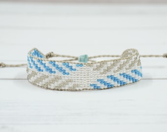 Blue and Grey Striped Woven Beaded Bracelet