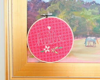 Hello, 5" Embroidery Hoop Wall Ornament