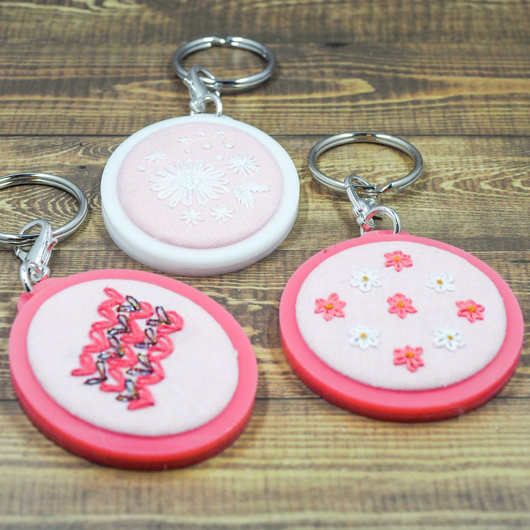 Pink and White Floral Embroidery Keychains / Embroidery Hoop Etsy