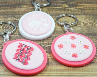 Pink and White Floral Embroidery Keychains
