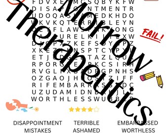 Könnte beinhalten: Ein Wortsuchrätsel mit dem Titel "Perfektionismus Zwangsstörung ERP Wortsuche" mit Wörtern wie "Fehler" und "Versagen". Das Bild enthält den Text "The Morrow Therapeutics" und verwandte Grafiken.