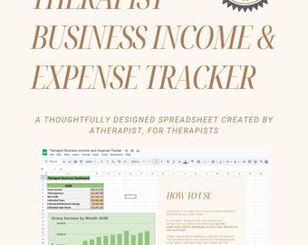 Könnte beinhalten: Ein digitaler Download mit dem Titel "Therapist Business Income & Expense Tracker". Das Design zeigt Text in einer Serifenschrift mit einem grünen "Instant Download" Siegel. Die Tabelle enthält Diagramme und Anweisungen zur Verwendung.