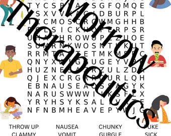 Könnte beinhalten: Ein Wortsuchrätsel mit dem Titel "Emetophobia ERP Word Search" mit Illustrationen von Menschen, die unter Übelkeit und Erbrechen leiden. Das Rätsel enthält Wörter, die sich auf Krankheit beziehen, wie "Übelkeit" und "Erbrechen". Der Text "The Morrow Therapeutics" ist auf dem Bild überlagert.