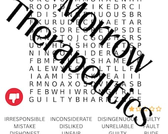 Könnte beinhalten: Ein Wortsuchrätsel mit dem Titel "Moral OCD ERP Word Search" mit einer Liste verwandter Wörter. Das Bild enthält den Text "Morrow Therapeutics" und verschiedene Symbole wie einen Daumen nach unten, einen Daumen nach oben und Sterne.