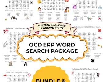 Könnte beinhalten: Ein farbenfrohes Poster mit sieben Wortsuchrätseln und Antwortschlüsseln, darunter Themen wie Arachnophobie und Zwangsstörungen. Das Bild zeigt auch einen gelben Kreis mit dem Text "BUNDLE & SAVE!"