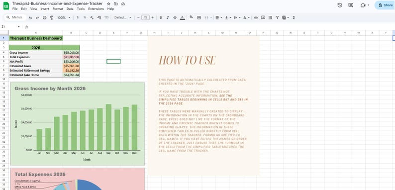 K&ouml;nnte beinhalten: Eine digitale Tabellenkalkulation mit dem Titel Therapist Business Dashboard f&uuml;r 2026, die eine Finanz&uuml;bersichtstabelle, ein gr&uuml;nes Balkendiagramm f&uuml;r das Bruttoeinkommen pro Monat und ein Textfeld mit Anweisungen unter dem Titel HOW TO USE enth&auml;lt.
