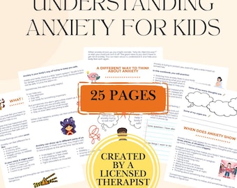 Könnte beinhalten: Ein Arbeitsbuch für Kinder mit dem Titel "Angst bei Kindern verstehen" mit 25 Seiten. Es soll Kindern helfen, Angst zu verstehen und zu bewältigen. Erstellt von einem zugelassenen Therapeuten.