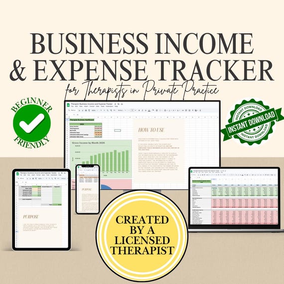 Therapist Business Finance Tracker | Private Practice Budget Spreadsheet | Income & Expense Tracker | Excel, Google Sheets Compatible