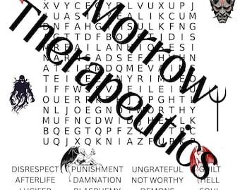 Könnte beinhalten: Ein schwarz-weißes Wortsuchrätsel mit dem Titel "Religious OCD ERP Word Search". Es enthält Wörter wie "Teufel", "Hölle" und "Satan", mit Illustrationen von Dämonen und einem flammenden Rand.