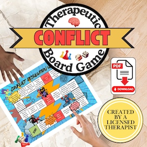 May include: A Therapeutic Conflict Board Game featuring a circular logo with a brain icon, a game board with conflict resolution questions, superhero illustrations, dice, and game pieces. Includes a PDF download icon and a licensed therapist badge.
