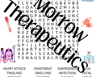 Könnte beinhalten: Ein Wortsuchrätsel mit dem Titel "Health Anxiety ERP Word Search" mit einem Buchstabenraster und einer Liste verwandter Begriffe. Das Bild enthält Illustrationen medizinischer und gesundheitsbezogener Symbole, wie ein Krankenhaus und ein Virus.