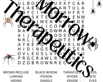 Könnte beinhalten: Ein schwarz-weißes Wortsuchrätsel mit dem Titel "Arachnophobia ERP Word Search". Das Rätsel enthält Wörter zum Thema Spinnen, wie "Spinne", "Netz" und "Gift". Das Bild zeigt auch Spinnenillustrationen.